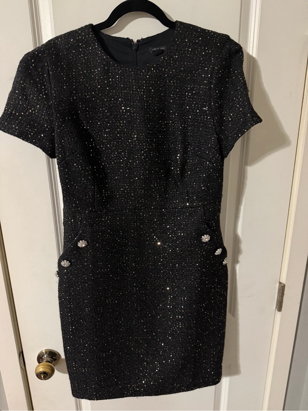 Ann Taylor Black Sparkle Short Sleeve Sheath Dress with Jeweled Buttons